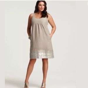 EILEEN FISHER Organic Linen Sequin Tank Dress Khaki Tan Silver Embellished Hem